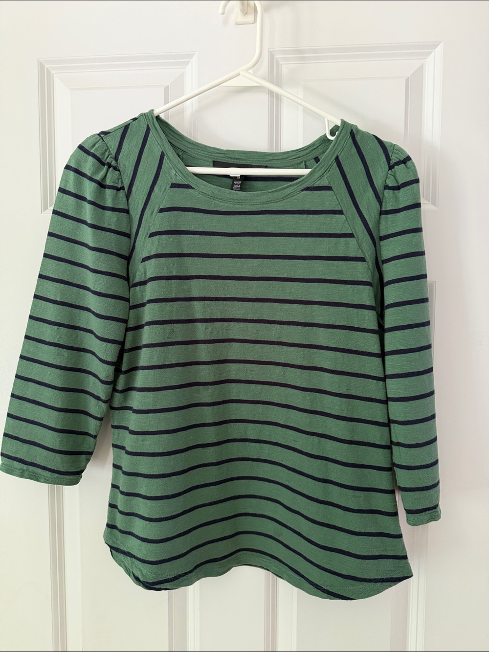 White House Black Market Green and Navy Striped Long-Sleeve Tee pit-pit 19 inch